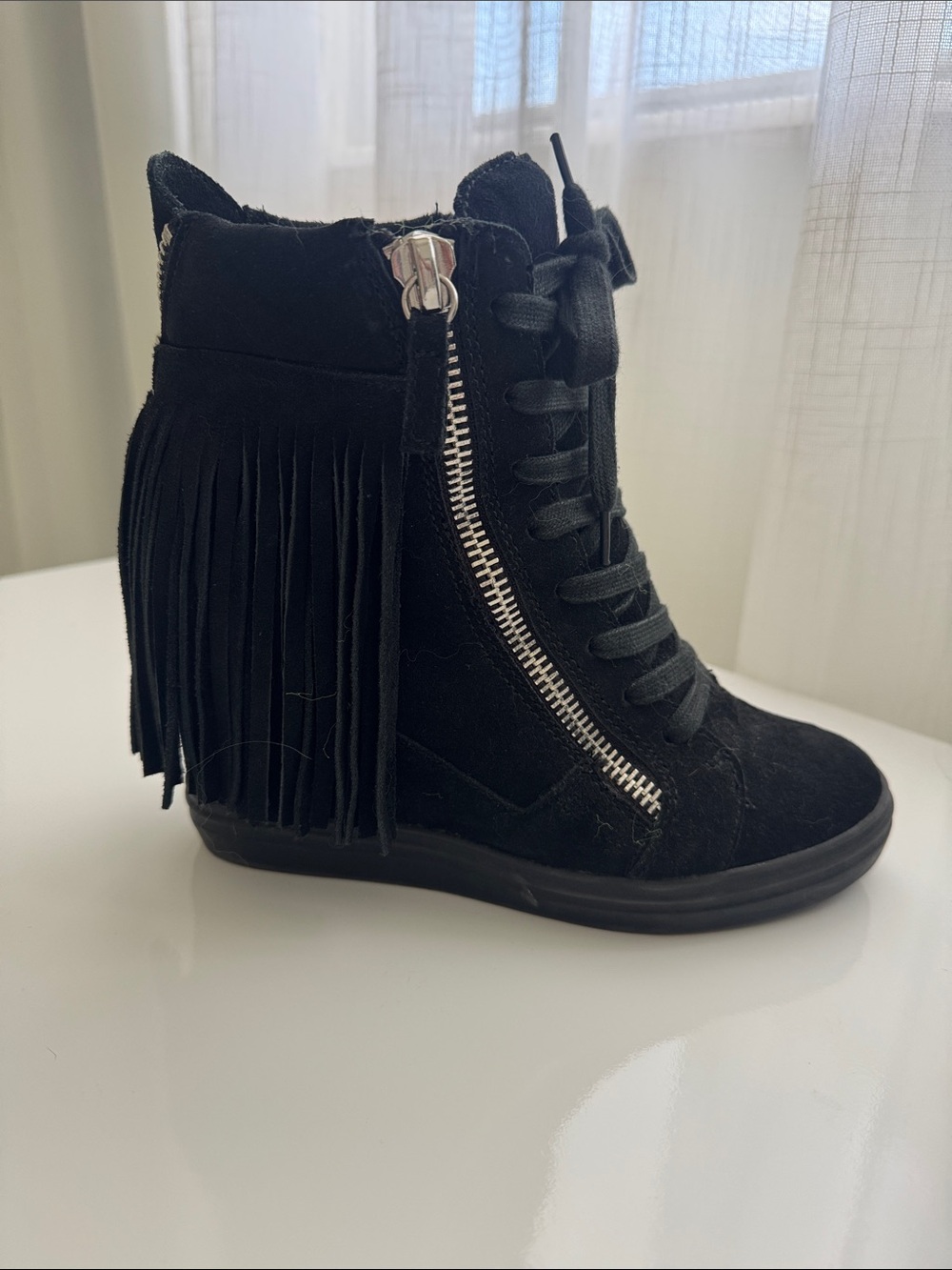 Steve Madden Black Suede Fringe Wedge booties